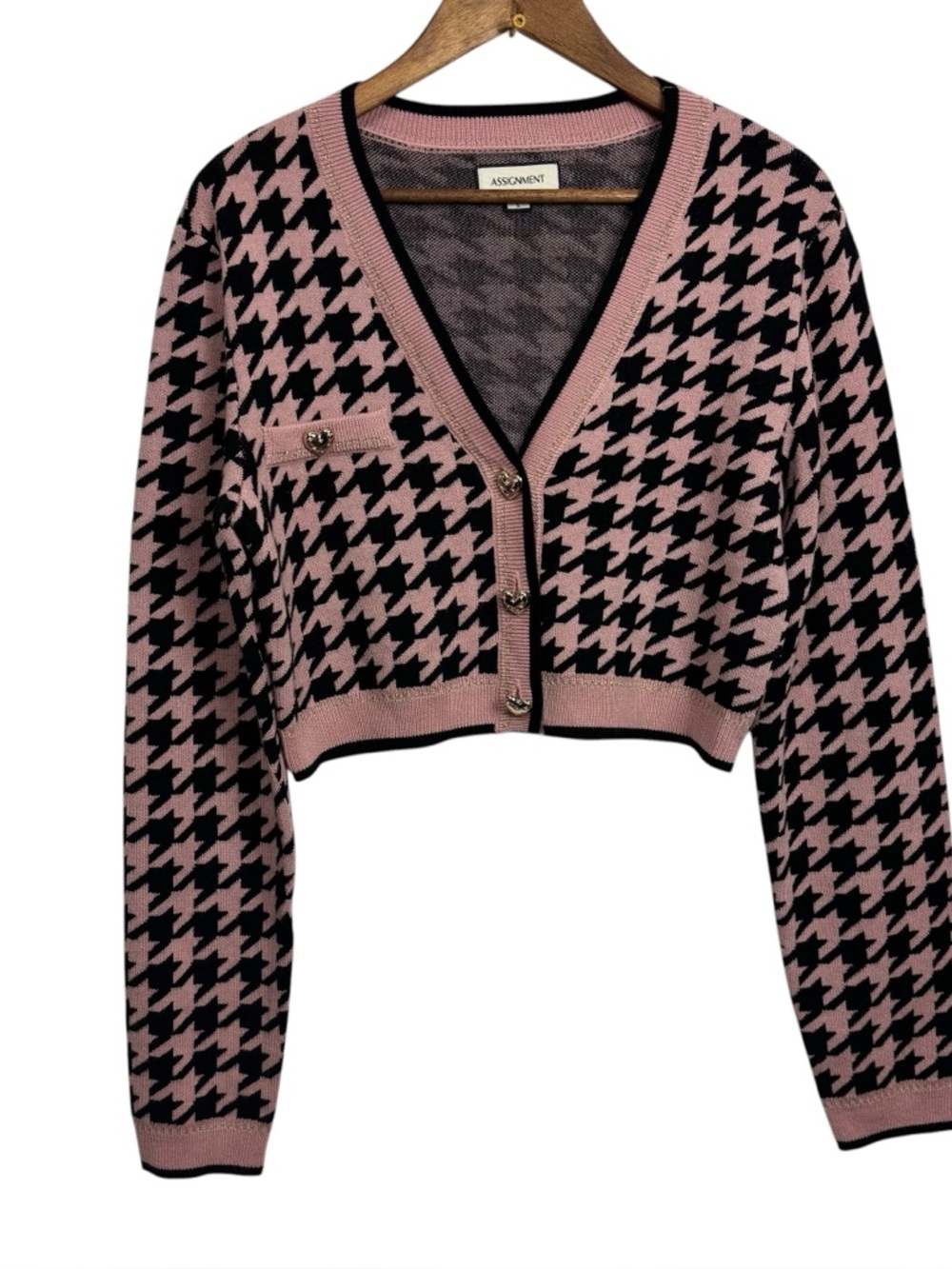 Assignment Carly Pink & Black Houndstooth Cropped Cardigan Heart Clueless - Picture 2 of 9